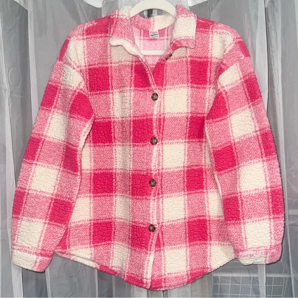 Carter's Buffalo Plaid Button Front Sherpa Shacket - Pink/White, Size 14